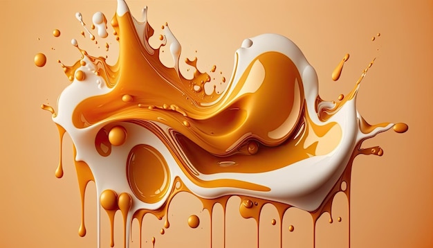 Creamy and thick liquid light brown and white splashing on color background Generative AI