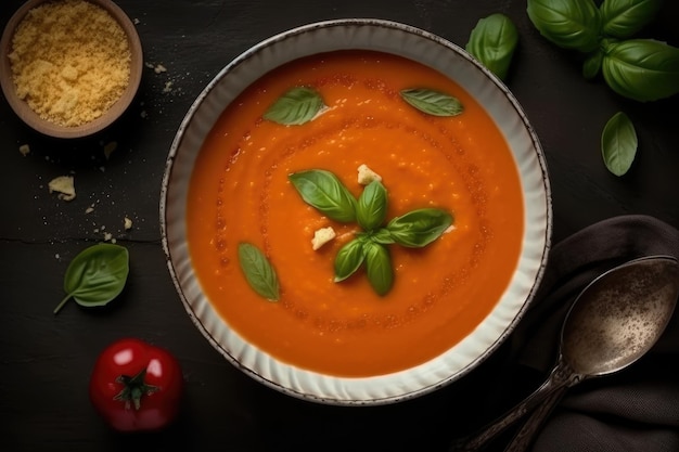 Creamy Tomato Soup Vegetarian Top View Generative AI