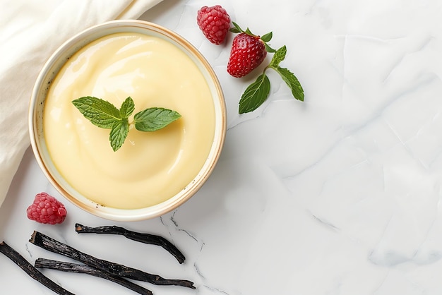 Photo creamy vanilla pudding in a bowl on white marble background