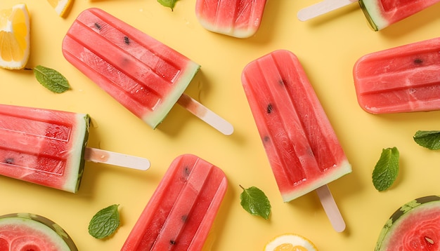 creamy watermelon popsicles sweet and natural ice cream dessert top view pastel color bakground