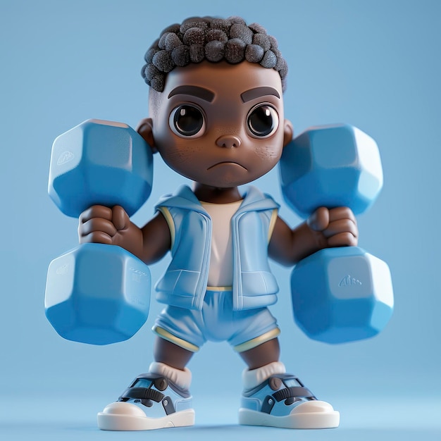 Create A 3D Of An African American Boy Lifting Dumbbells Showcasing His Strength