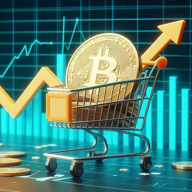 Create a 3D image of a plastic model full of bitcoin coins in a shopping cart