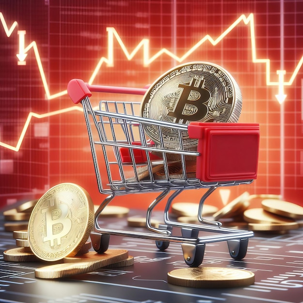 Create a 3D image of a plastic model full of bitcoin coins in a shopping cart