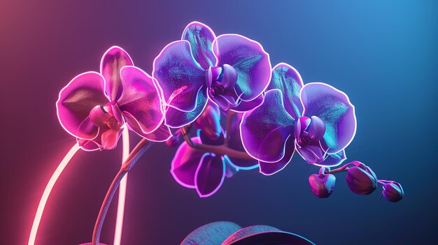 Create a 3D rendering of a blue and purple orchid with neon lighting