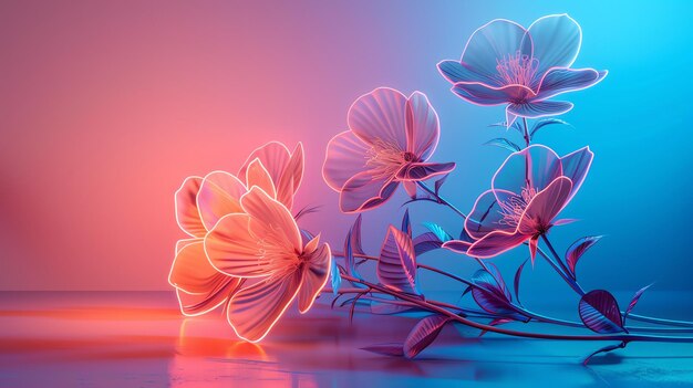 Create a 3D rendering of a flower The flower should be made of glass and have a neon glow