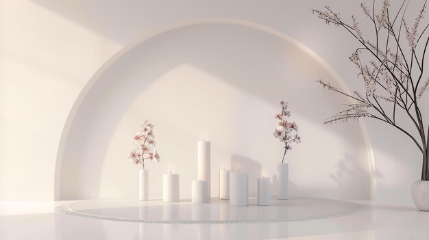 Create a 3D rendering of a minimalist podium with a curved wall backdrop