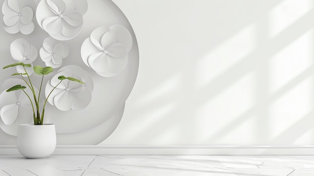 Create a 3D rendering of a minimalist room with white walls and marble floors