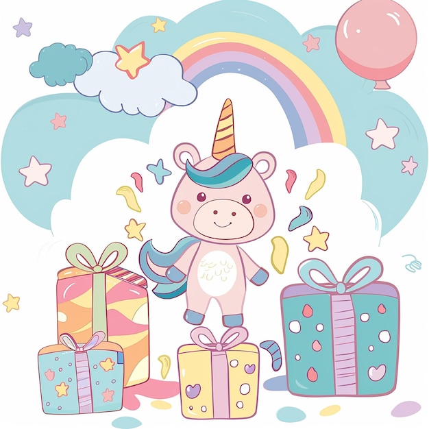 Photo create an adorable cartoonstyle kawaii clipart image of a teddy unicorn standing beside presents