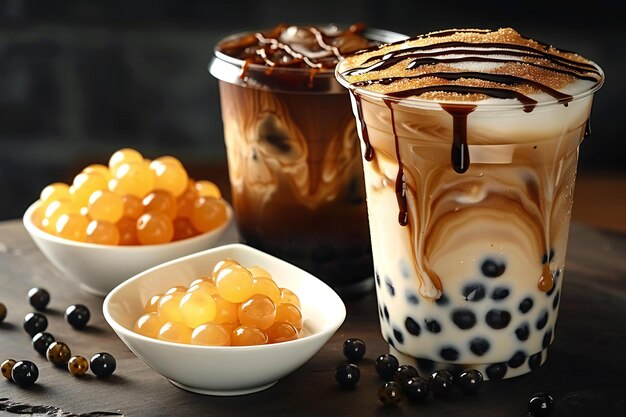 Create an advertising shot of bubble tea with brown sugar and black pearls placed on the table in f