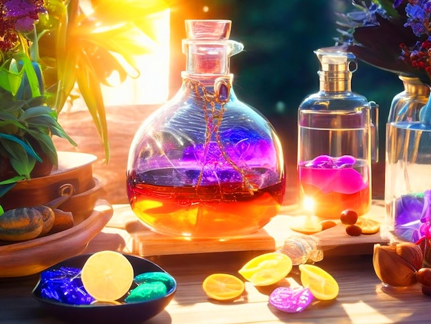 Create an animestyle illustration featuring a table adorned with an array of magical elixirs