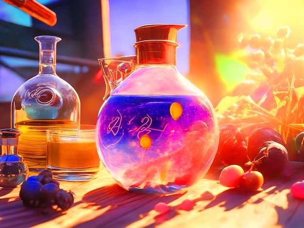 Create an animestyle illustration featuring a table adorned with an array of magical elixirs