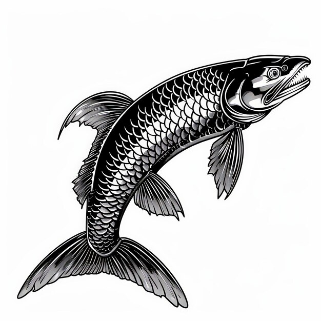 create a black and white illustration of fish with fully tribal art design