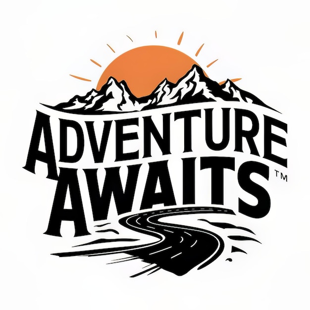 Create a bold and inspiring logo featuring the phrase Adventure Awaits in dynamic typography