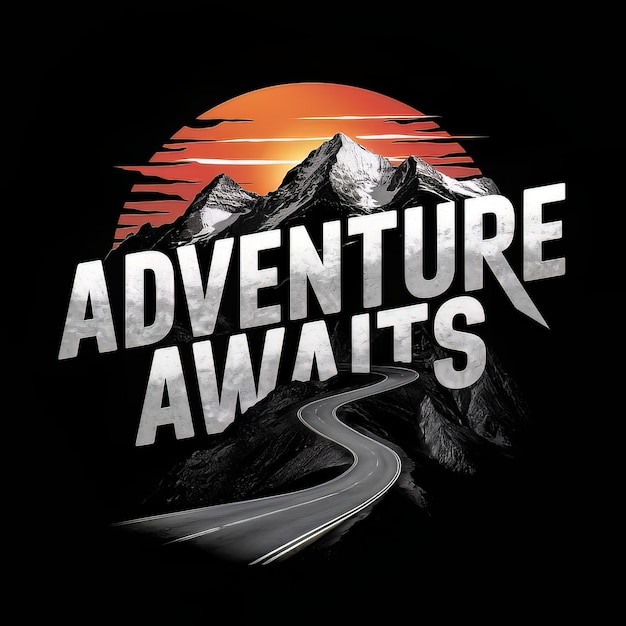 Create a bold and inspiring logo featuring the phrase Adventure Awaits in dynamic typography