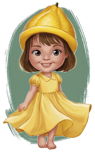 Create a cartoon illustration of a young girl wearing a yellow dress and a lemonshaped hat