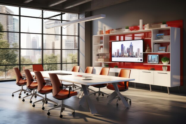 Create a collaborative workspace with a communal conference table modern task chairs and interactive whiteboards in this modern office design ar 32 v 52 Job ID aae0afc8616146ec9e35db93bc8b2bd6