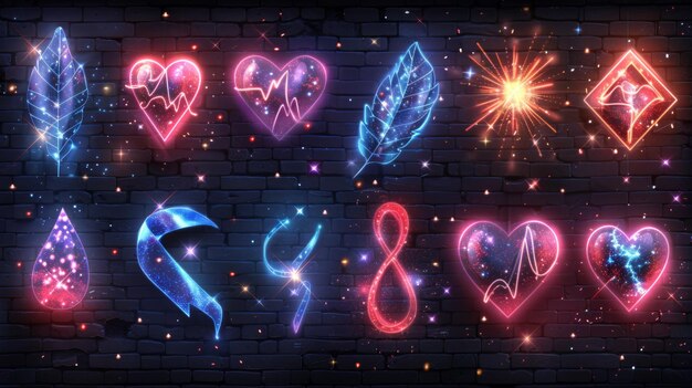 Create a collection of neon health awareness symbols including shimmering