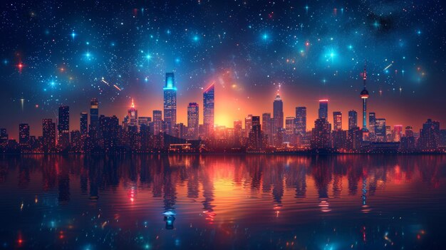 Create a collection of neon skyline symbols including shimmering cityscapes