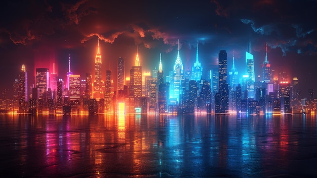 Create a collection of neon skyline symbols including shimmering cityscapes