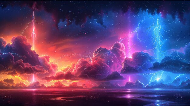 Create a collection of neon weather phenomenon symbols including shimmering