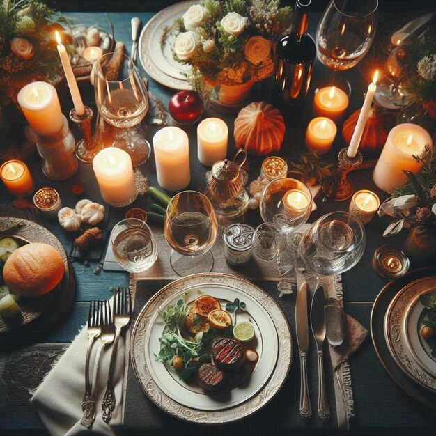 Photo create a cozy and inviting scene of a beautifully set dinner table with delicious food