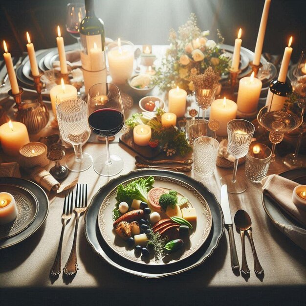 Create a cozy and inviting scene of a beautifully set dinner table with delicious food