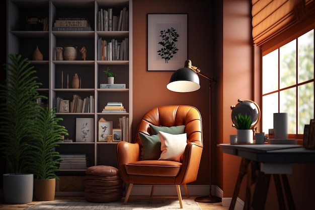 Create a Cozy Reading Nook in Your Office with Comfy Chair Lamp Bookcase and Warm Room Colors Enhanced by Natural Daylight Generative AI