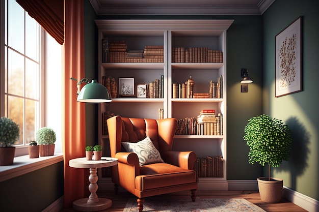 Create a Cozy Reading Nook in Your Office with Comfy Chair Lamp Bookcase and Warm Room Colors Enhanced by Natural Daylight Generative AI