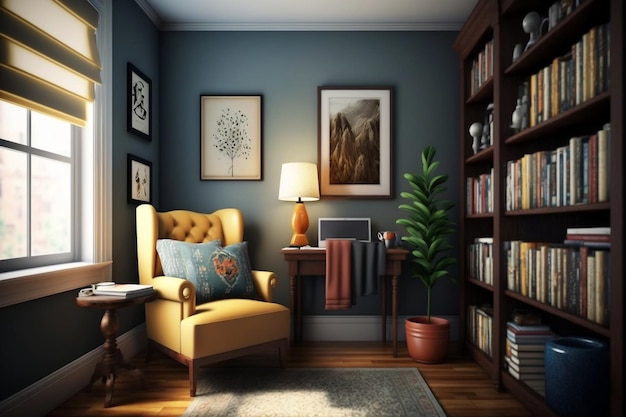 Create a Cozy Reading Nook in Your Office with Comfy Chair Lamp Bookcase and Warm Room Colors Enhanced by Natural Daylight Generative AI