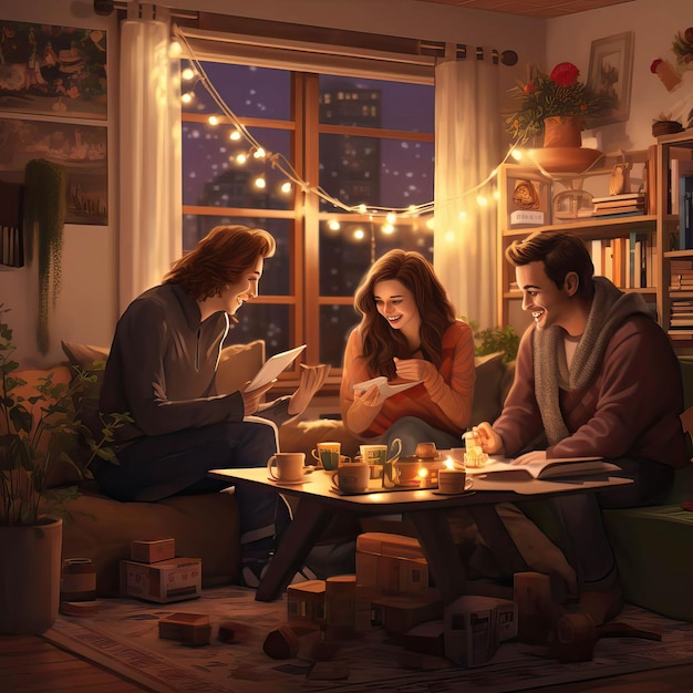 Create a cozy scene of friends enjoying a night in filled with games and laughter