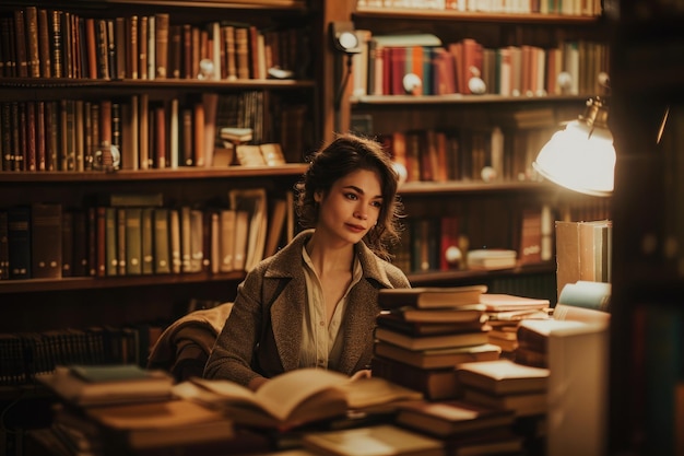 Create a cozy study space with vintage bookshelves and soft lighting in a rustic library aig