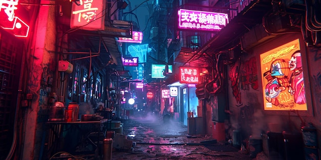 Create a cyberpunk alleyway with neon signs and futuristic advertisements