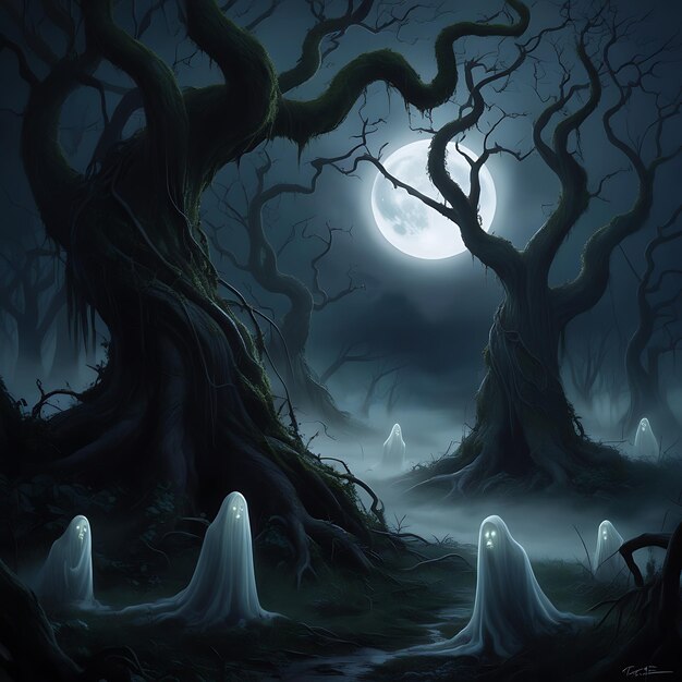 Photo create a dark forest scene with twisted trees ghostly figures lurking in the shadows and a full