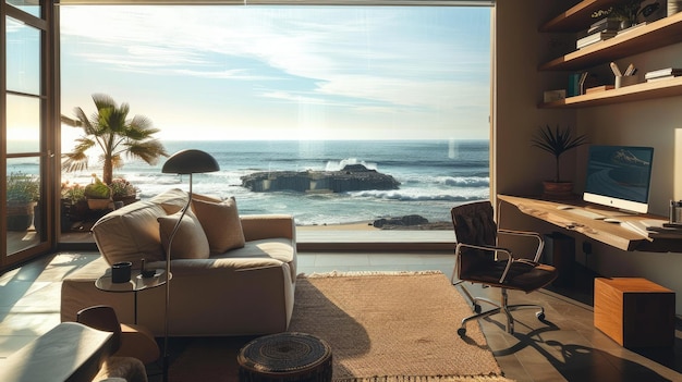 Photo create a dedicated home office or study area with a tranquil ocean view perfect for remote work