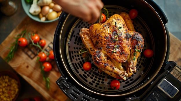 Create a delicious roasted chicken dish with garnish using an air fryer in the kitchen