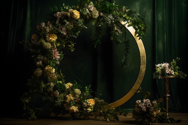 Create a Dreamy Studio Vibe with Black Gradient Background and Green Flower Arch Overlay Elevate