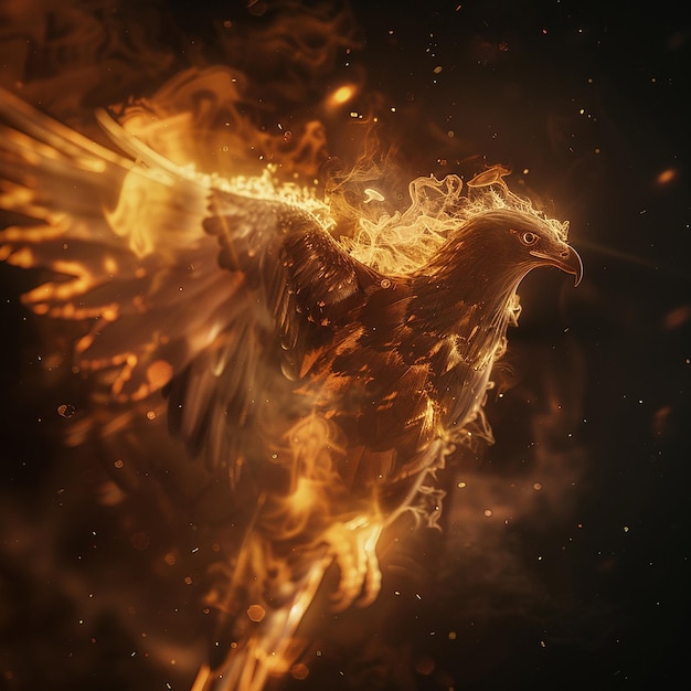 Photo create a eagle made of fire in a spiritual bacground coming y in 4k realistic photography