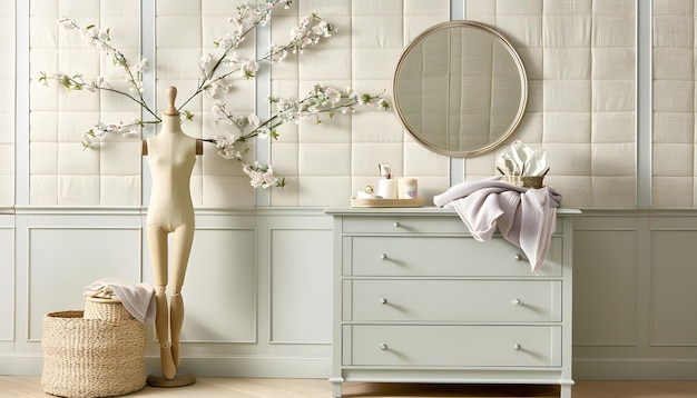 Create an elegant home decor with a floral mannequin dresser and wicker basket in a cozy room to add