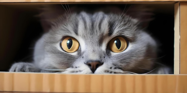 Create engaging photo of Scottish Fold cat in box from unique angle Concept Pet Photography Creative Angle Animal Portraits Indoor Photoshoot Unique Composition