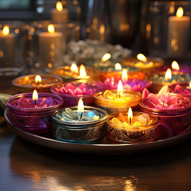 Create a festive scene with bright diyas