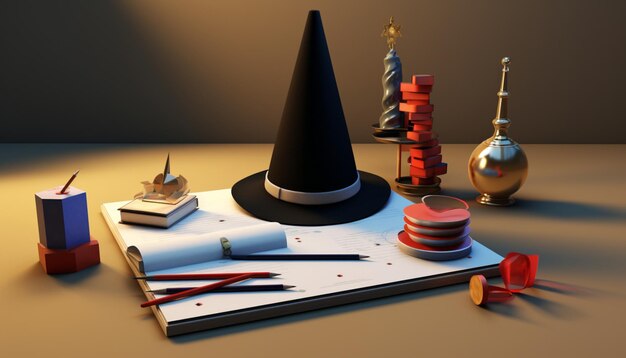 Photo create a fun and interactive 3d model of a magician kid's training kit this could include a customizable magic wand spellbook and a m 3