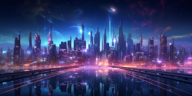 Create a futuristic cityscape background with neon lights and holographic billboards