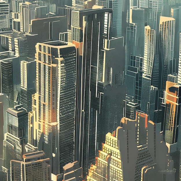 Create a futuristic cityscape at sunset with towering skyscrapers