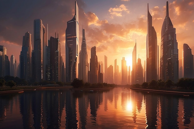 Create a futuristic cityscape at sunset with towering skyscrapers