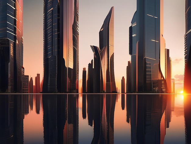 Create a futuristic cityscape at sunset with towering skyscrapers