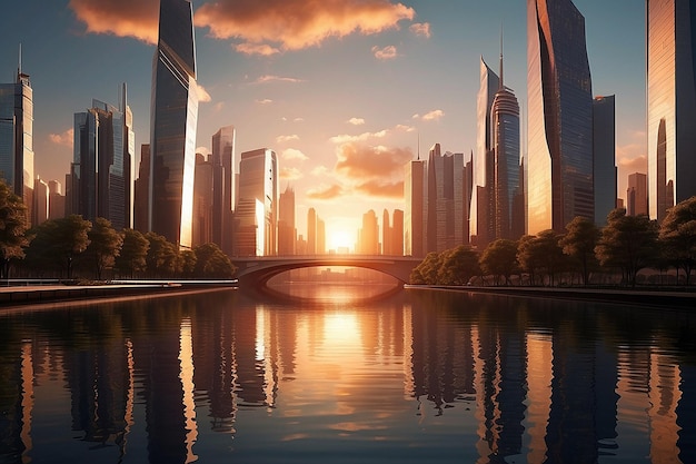 Create a futuristic cityscape at sunset with towering skyscrapers