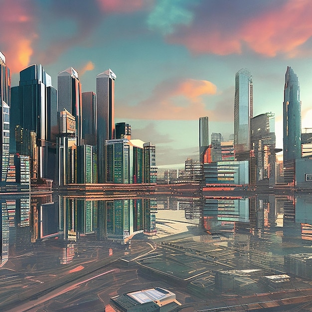 Create a futuristic cityscape at sunset with towering skyscrapers