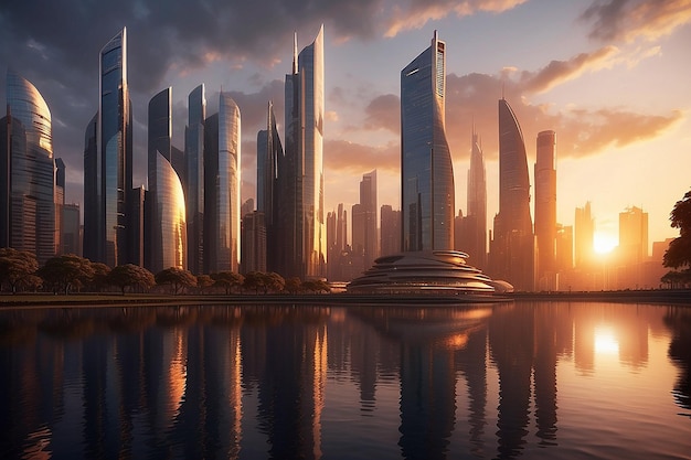 Create a futuristic cityscape at sunset with towering skyscrapers