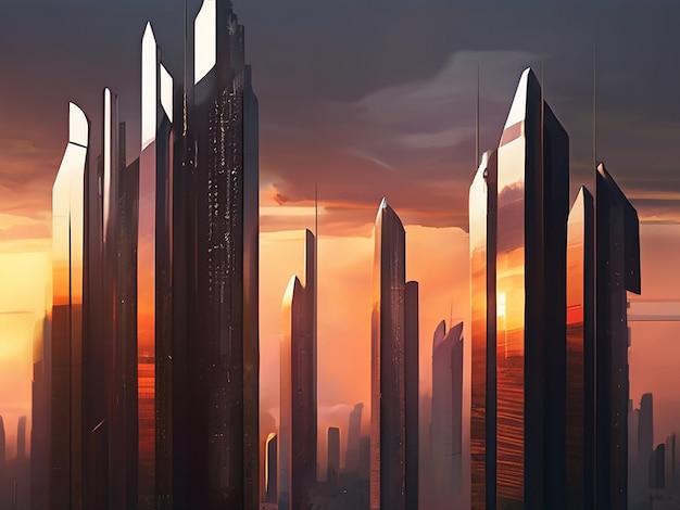 Create a futuristic cityscape at sunset with towering skyscrapers