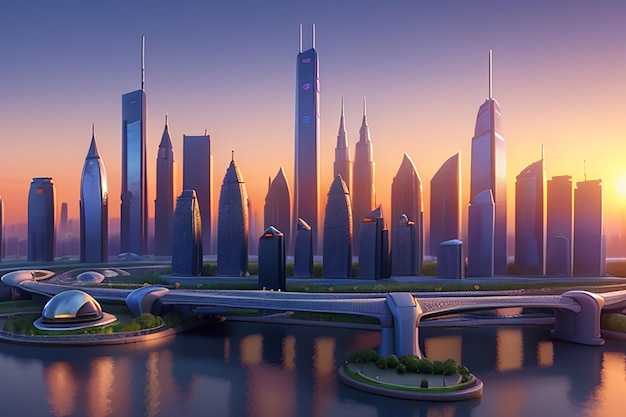 Create a futuristic cityscape at sunset with towering skyscrapers